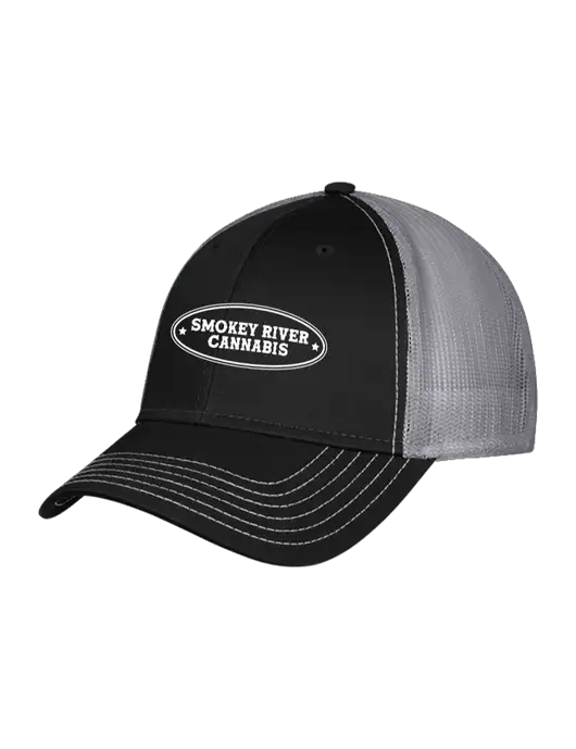 Black/Medium Dark Grey Mesh Trucker Cap Snap Back w/Smokey River